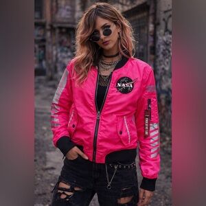 South Pole NASA Hot Pink Bomber Jacket Space Patch Festival Grunge Jr M